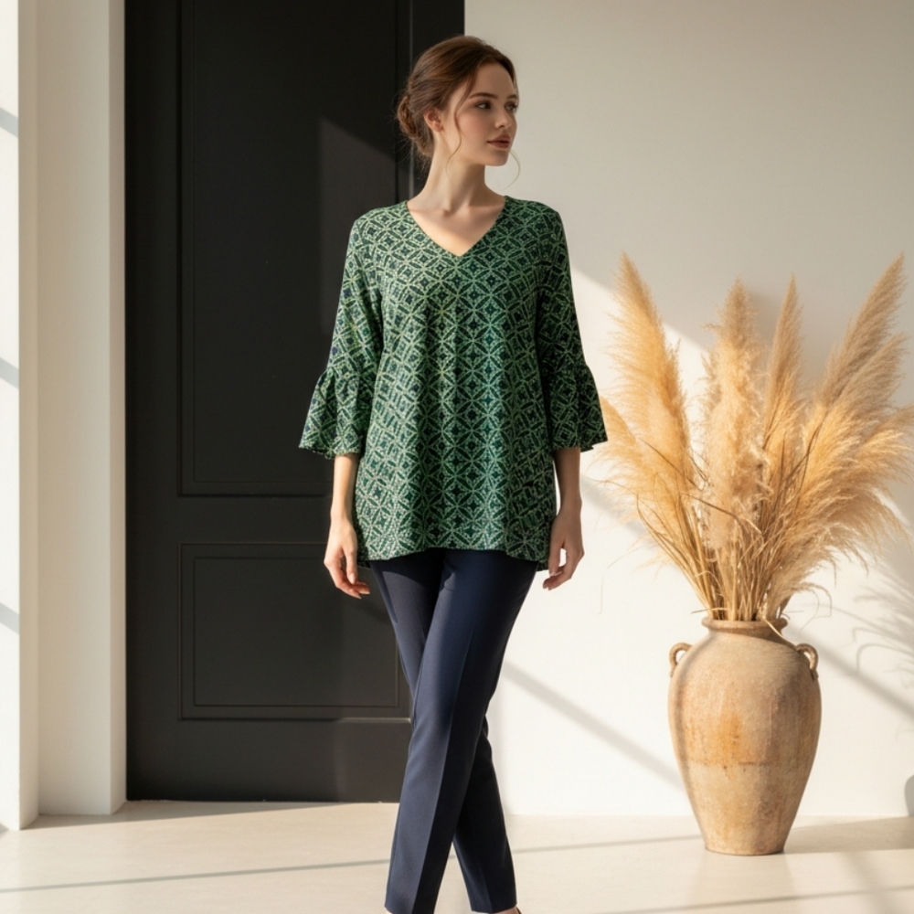 Escapada Navy and Lime Patterned Blouse
